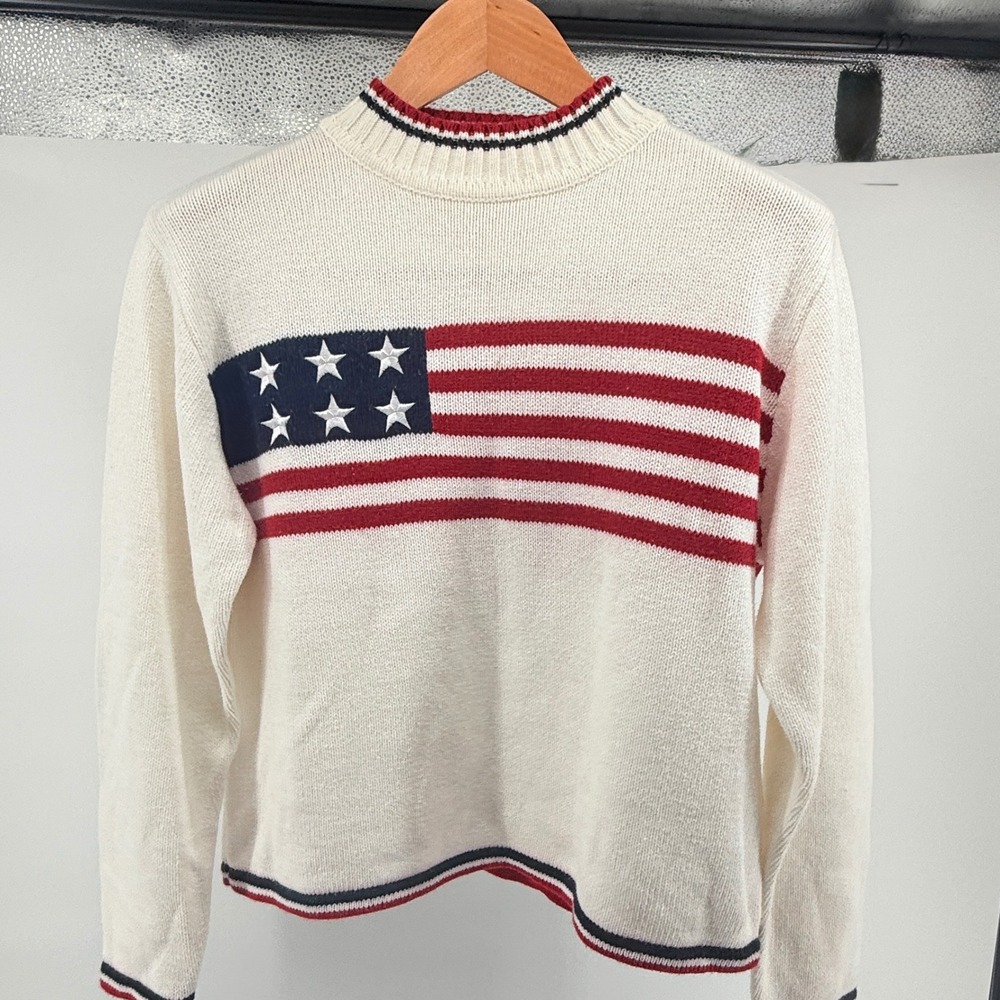 Christopher & Banks American Flag Knit Sweater Cream Red Blue Stars Large